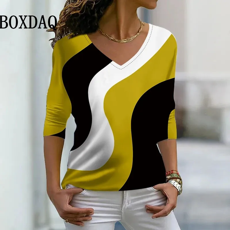 2024 New Spring T Shirt Women Fashion Street V-Neck Tees Loose Clothes Casual Striped Printed Shirts Long Sleeve Oversized Tops - Image 6