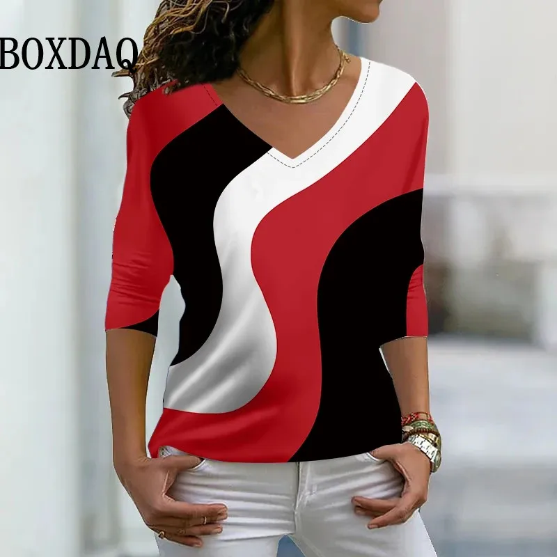 2024 New Spring T Shirt Women Fashion Street V-Neck Tees Loose Clothes Casual Striped Printed Shirts Long Sleeve Oversized Tops - Image 5