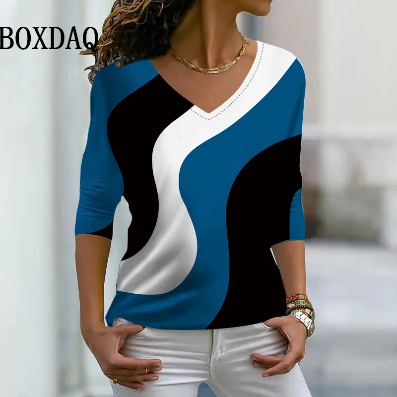 2024 New Spring T Shirt Women Fashion Street V-Neck Tees Loose Clothes Casual Striped Printed Shirts Long Sleeve Oversized Tops - Image 4