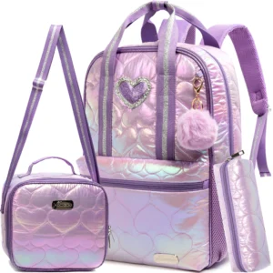 QY.TIMES 3PCS Teen Girls Love Backpack with Lunch Box for Big Kids School Backpacks for Elementary Student Age 6-12