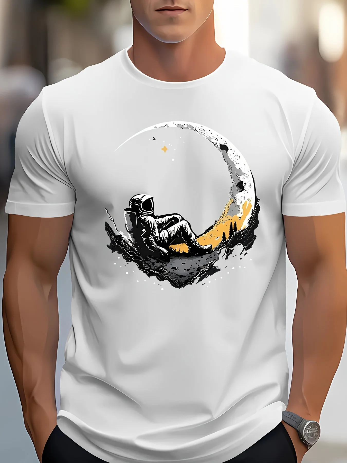 Men's summer 100 cotton fashionable casual loose plus size landing moon pattern printed sports round neck short sleeved T-shirt - Image 2