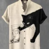 Men's Japanese Retro Art Black Cat Print Shirt Short Sleeve Stand Up Collar Single Breasted Casual Linen Top for Vacation