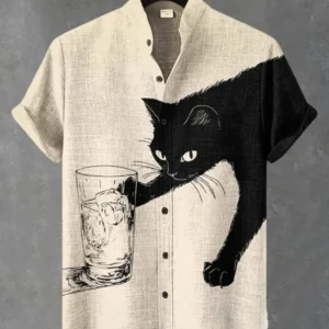 Men's Japanese Retro Art Black Cat Print Shirt Short Sleeve Stand Up Collar Single Breasted Casual Linen Top for Vacation